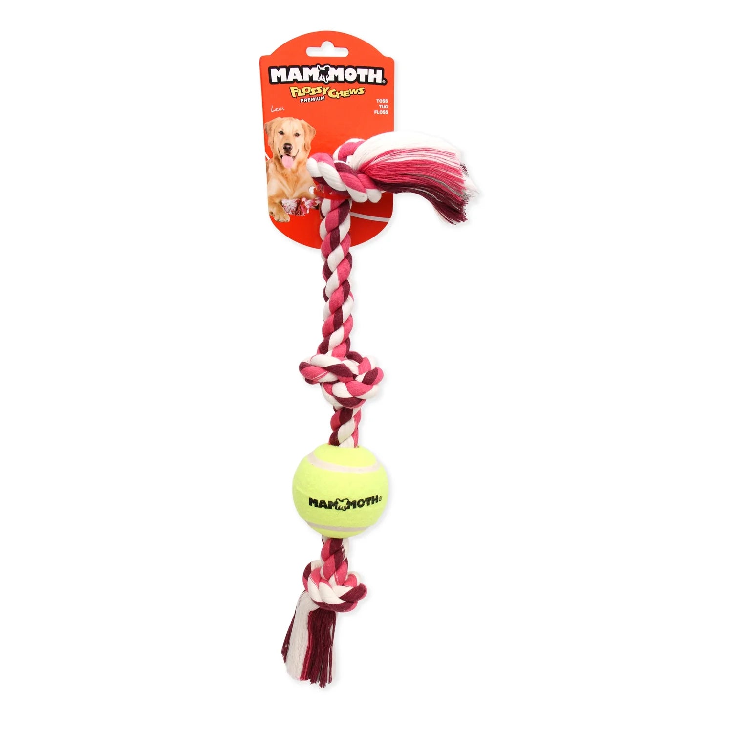 Elevate Playtime with the Flossy Chews Cottonblend 3 Knot Tug Rope Dog Toy Featuring a Fun Tennis Ball - Perfect for Medium Dogs!