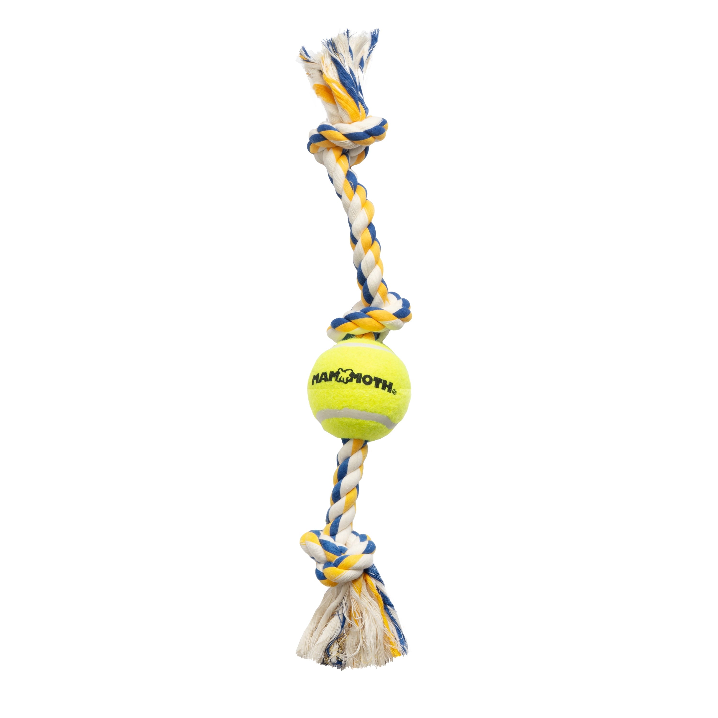 Elevate Playtime with the Flossy Chews Cottonblend 3 Knot Tug Rope Dog Toy Featuring a Fun Tennis Ball - Perfect for Medium Dogs!