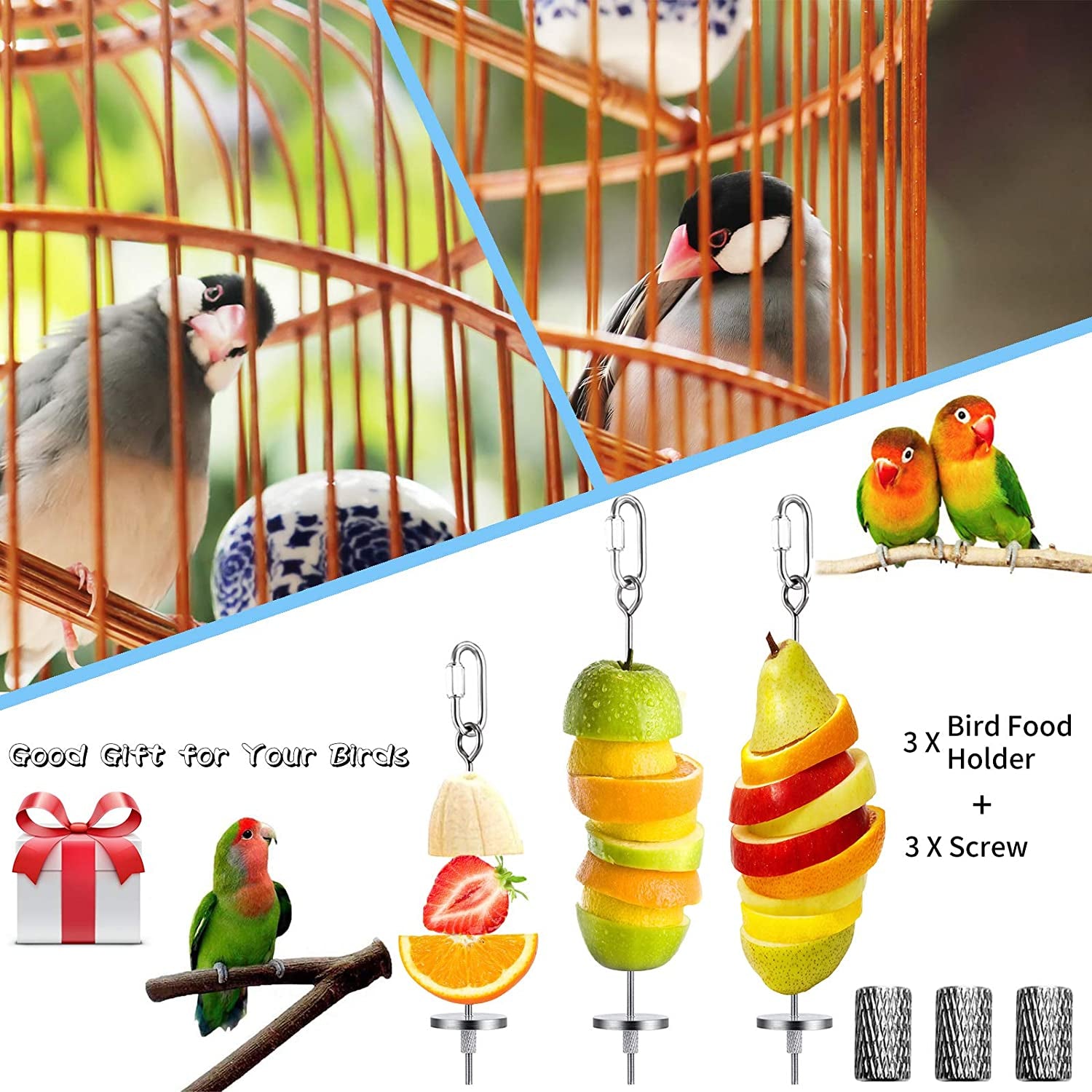 3Pcs Stainless Steel Bird Food Holder - Durable Feeder Toy for Parrots, Cockatoos, and Small Birds - Perfect Foraging Tool for Fresh Fruits and Vegetables