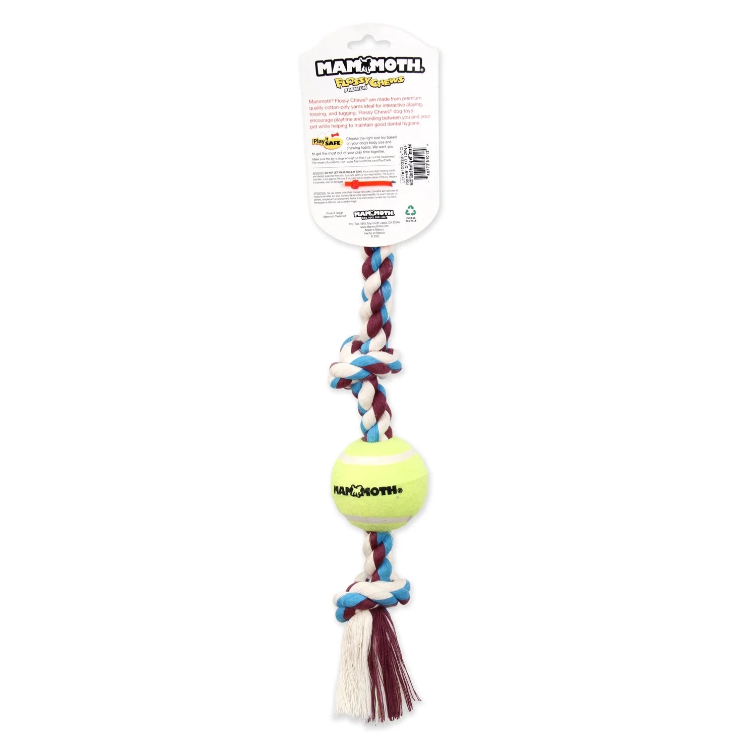 Elevate Playtime with the Flossy Chews Cottonblend 3 Knot Tug Rope Dog Toy Featuring a Fun Tennis Ball - Perfect for Medium Dogs!